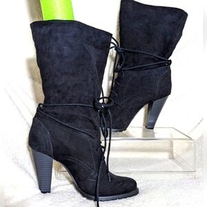 Women's ZARA‎ Black Microsuede Heeled Laced Boots | Size 38 US 7.5